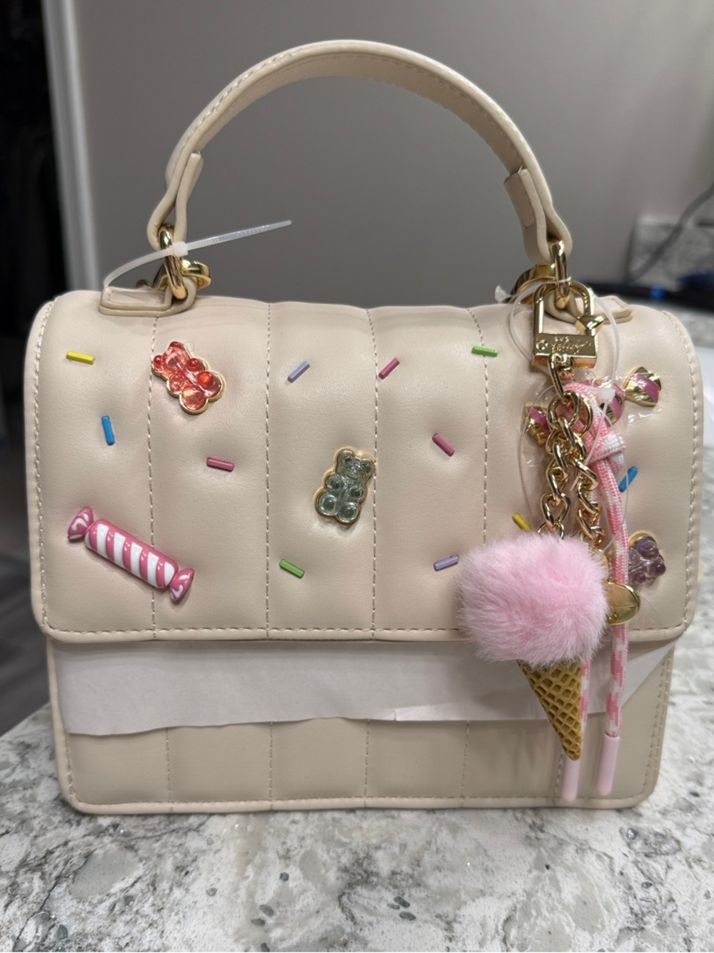 NWT Betsey Johnson Cream Satchel with Candy Charms and Pink Pom Charm